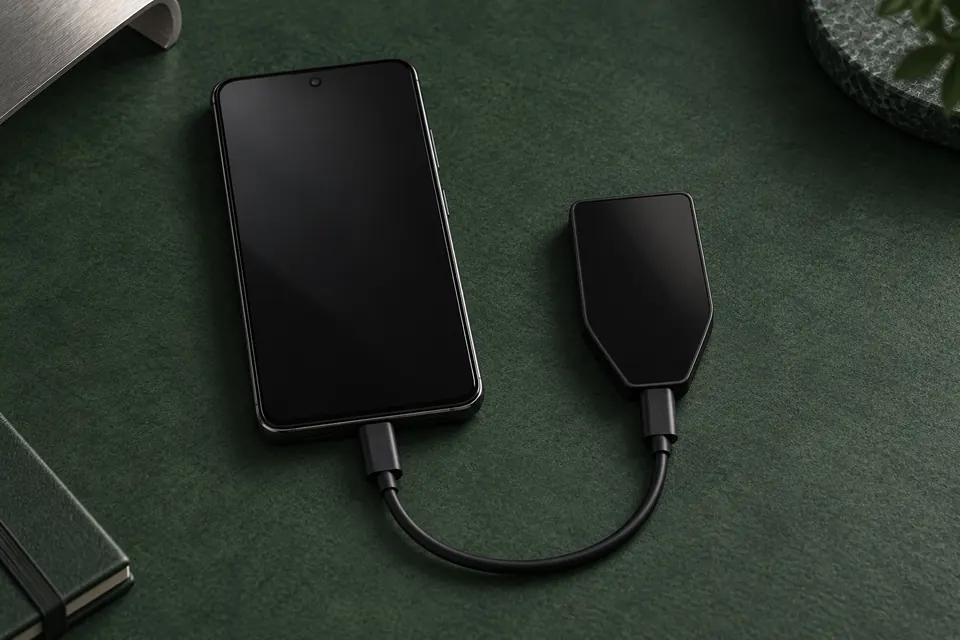 An Android phone and Trezor Safe 5 connected by a short USB cable on a dark green surface.