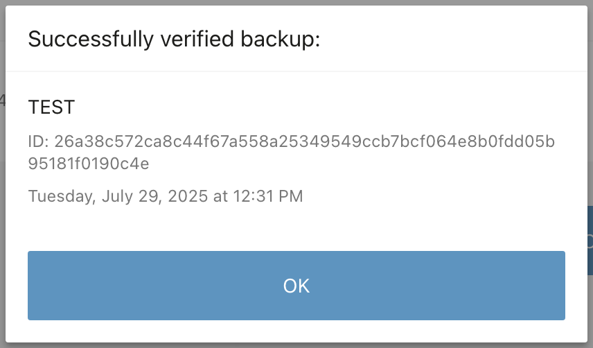 BitBoxApp showing a successful check of the backup named TEST, with its ID and saved date.