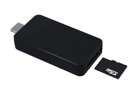Manufacturer image of an original BitBox02 with a microSD card beside its short-end slot, printed face toward the screen side.