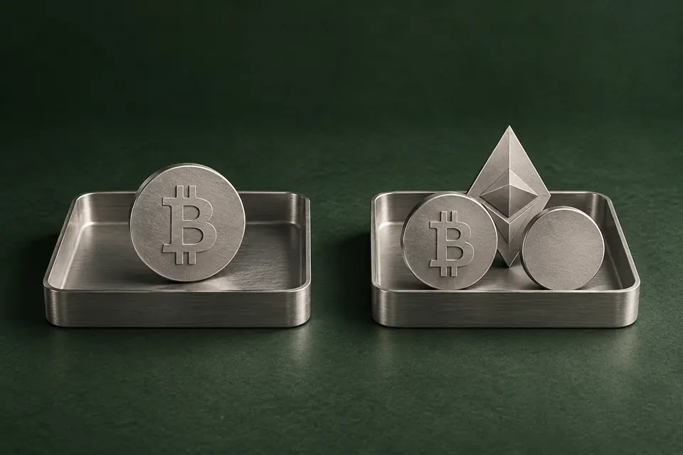 Two metal trays: one with a Bitcoin symbol, the other with Bitcoin and Ethereum symbols and a plain disc.