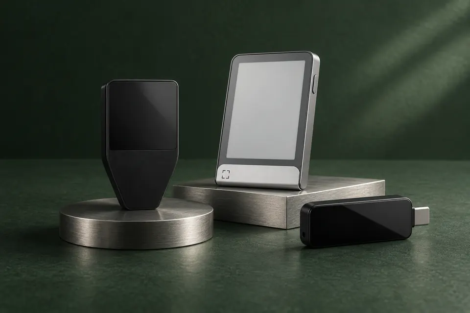Trezor Safe 5, Ledger Flex and BitBox02 Nova arranged on a dark green surface with brushed-metal platforms.