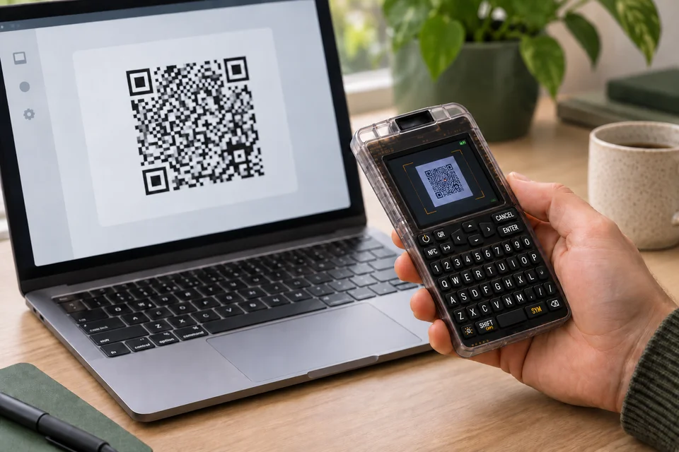 Illustration of a hand holding COLDCARD Q beside a laptop displaying a QR code.