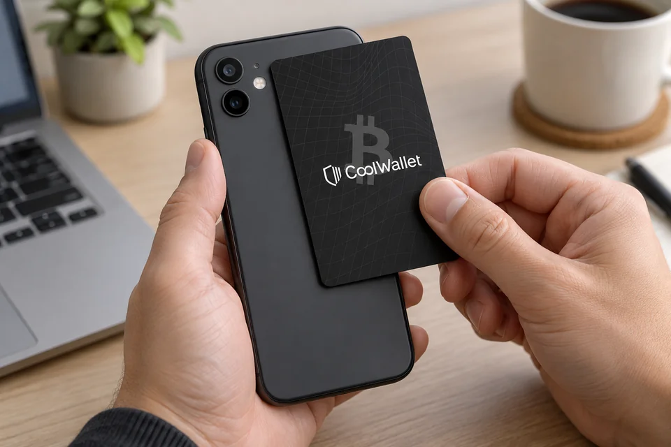 Illustration of a CoolWallet Go card held against the upper back of a phone.