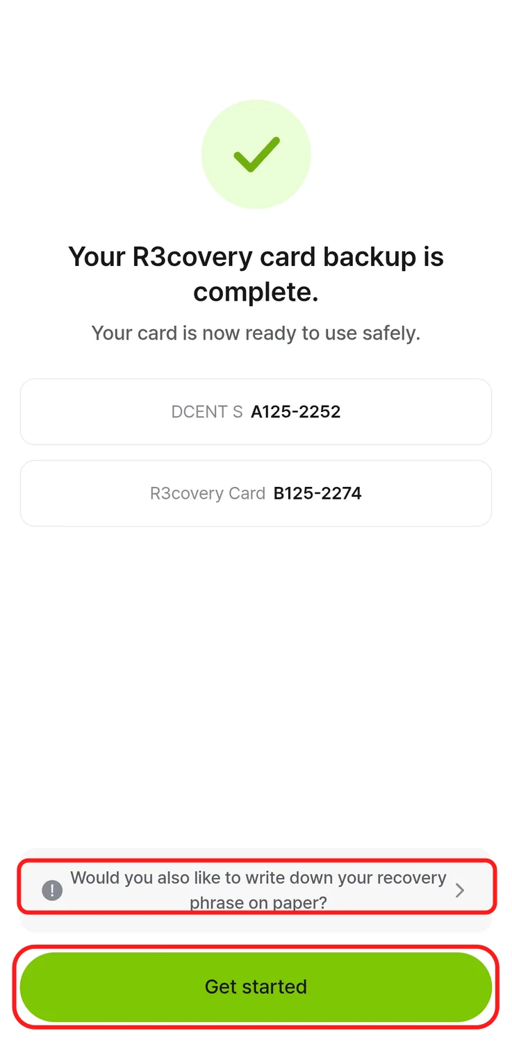Manufacturer completion-screen example lists the S card A125-2252 and R3covery card B125-2274, with an optional paper recovery-phrase action above Get started.