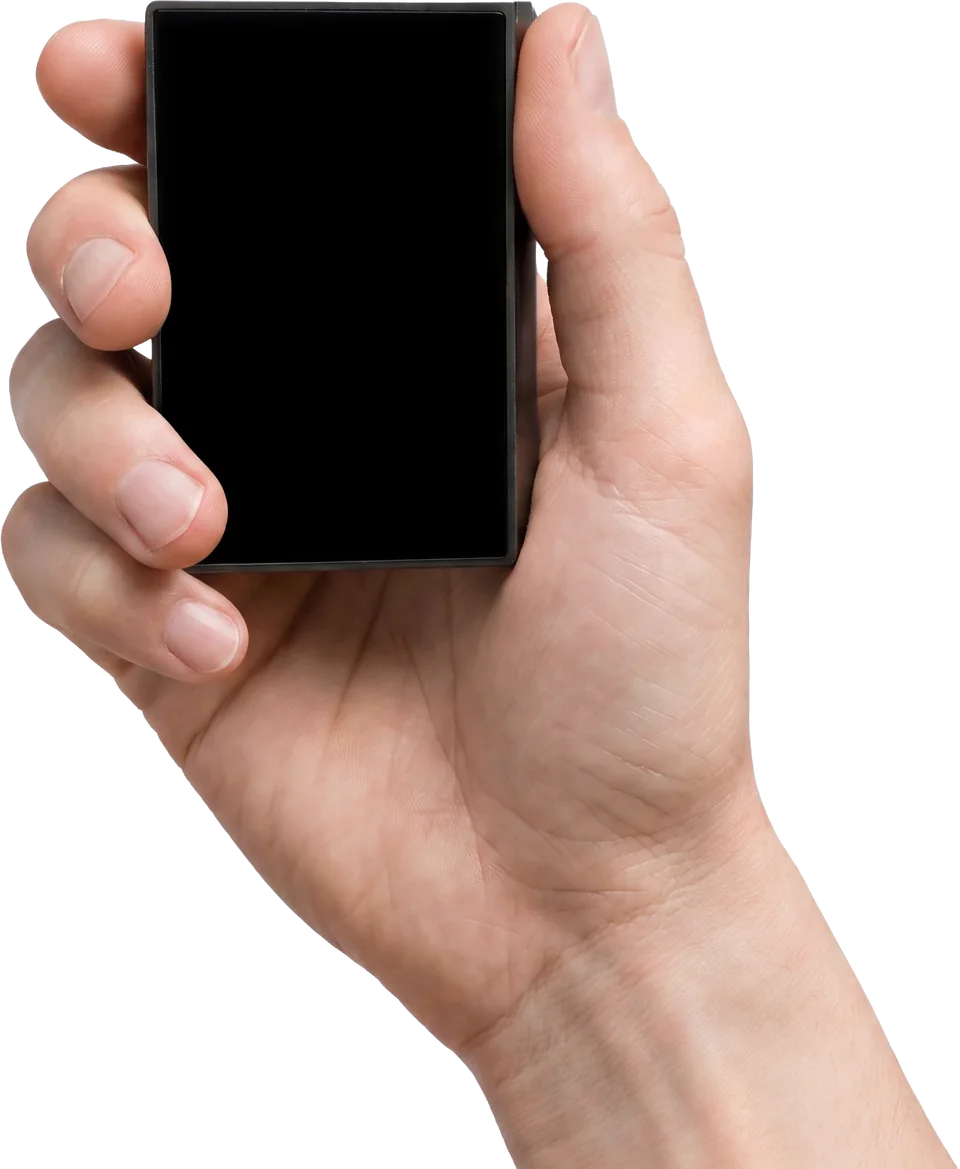 A hand holds DCENT X with a thumb against its right side; the touchscreen is blank.