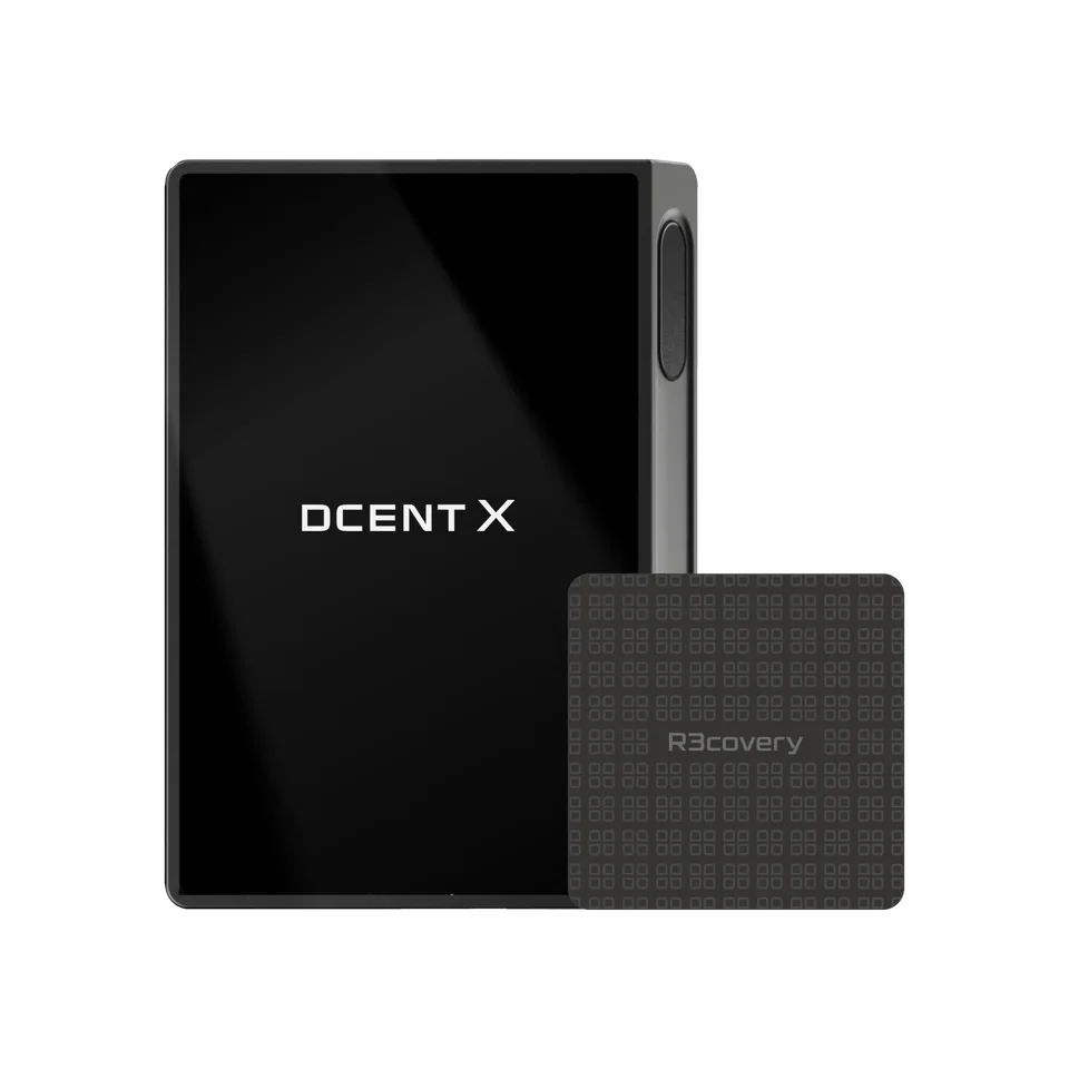Manufacturer image of DCENT X beside a separate DCENT R3covery card.
