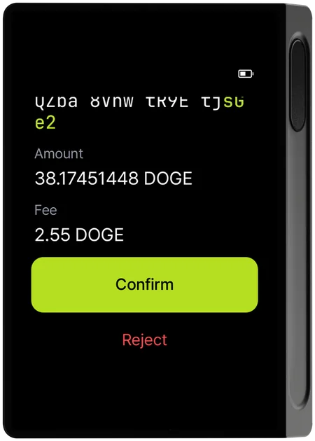 DCENT’s X transaction-screen example after scrolling, with the DOGE amount and fee above the Confirm and Reject controls.