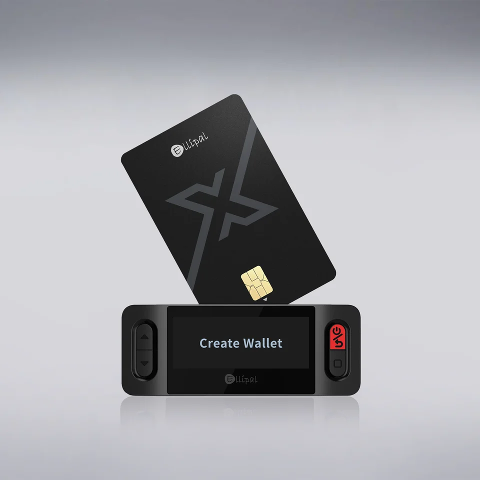 ELLIPAL manufacturer image showing an X Card above the Starter, whose screen reads Create Wallet.