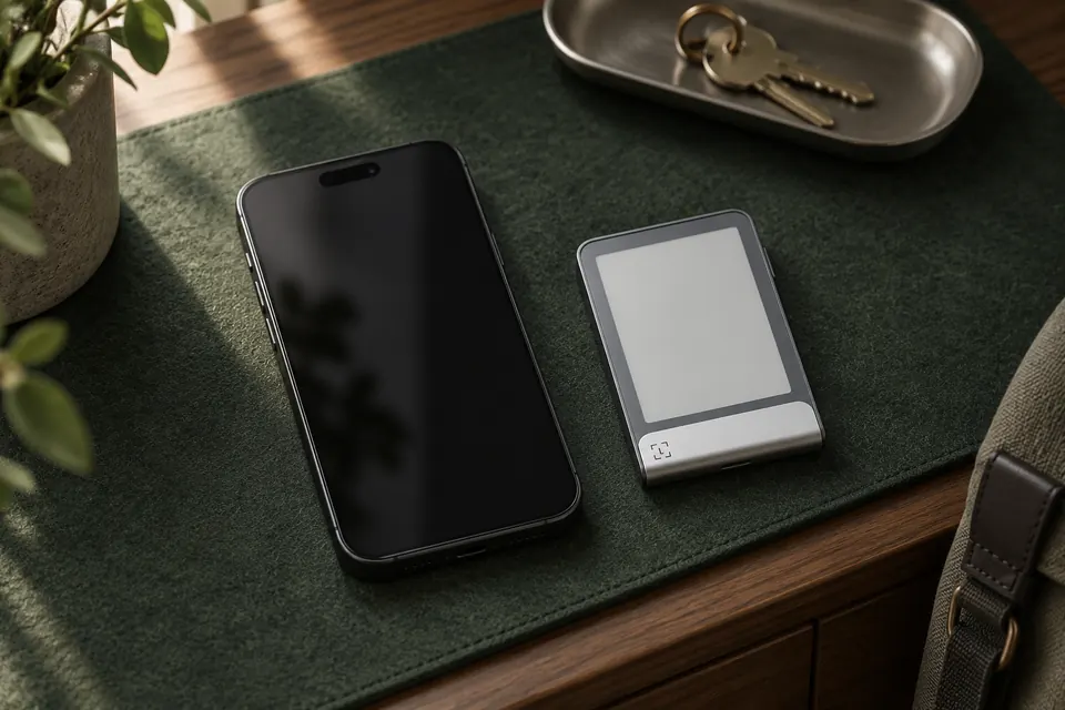 An iPhone and Ledger Flex resting side by side on a dark green desk mat, with keys nearby.