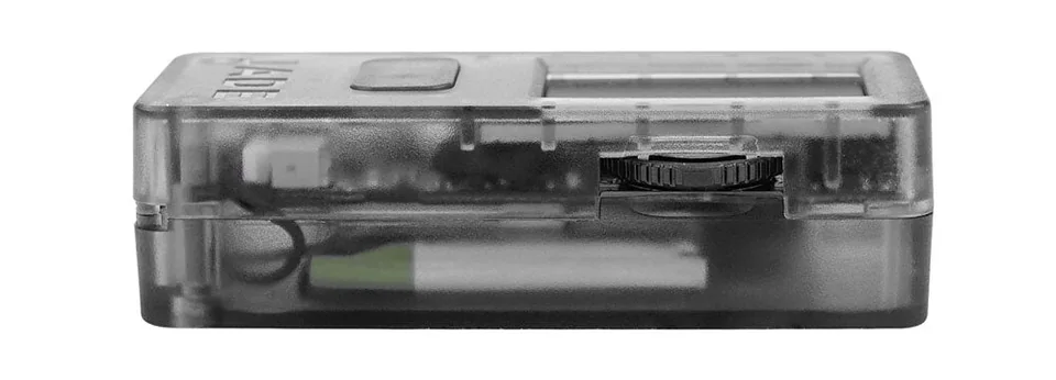 Manufacturer side-view photograph of the transparent-black Jade Classic, showing its ridged click-wheel and the application button on the front face.