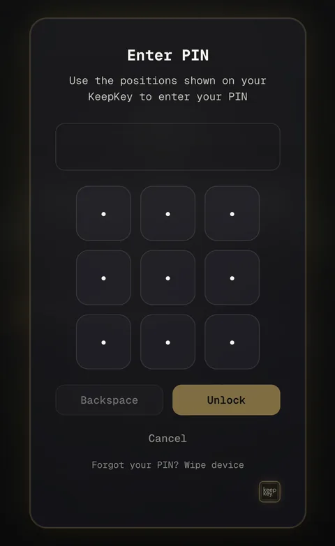 KeepKeys Desktop-Illustration zeigt ein Enter-PIN-Fenster mit neun leeren Positionsschaltflächen, Unlock und einer Option für eine vergessene PIN.