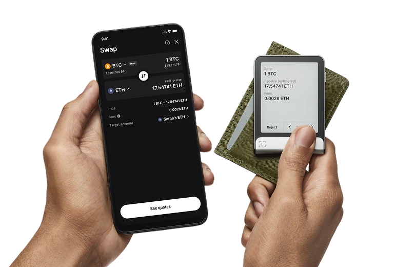 A phone showing a swap quote beside Ledger Flex displaying the amount to send, estimated amount to receive and fee.