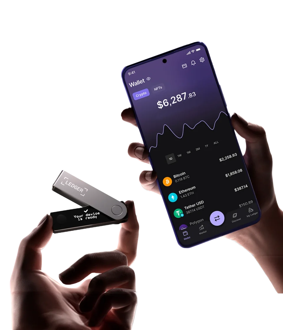 Ledger product image of hands holding Nano X with its metal cover open and Your device is ready on the display, beside a phone showing a crypto portfolio.