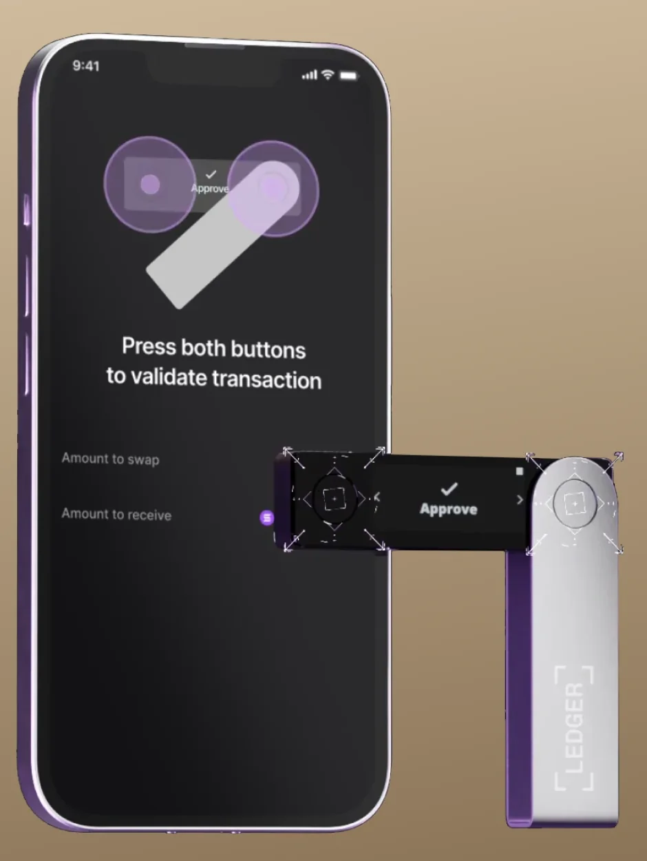 Ledger’s swap-validation illustration shows Nano X with Approve on its screen, overlays on both round buttons and a phone instruction to press both buttons.