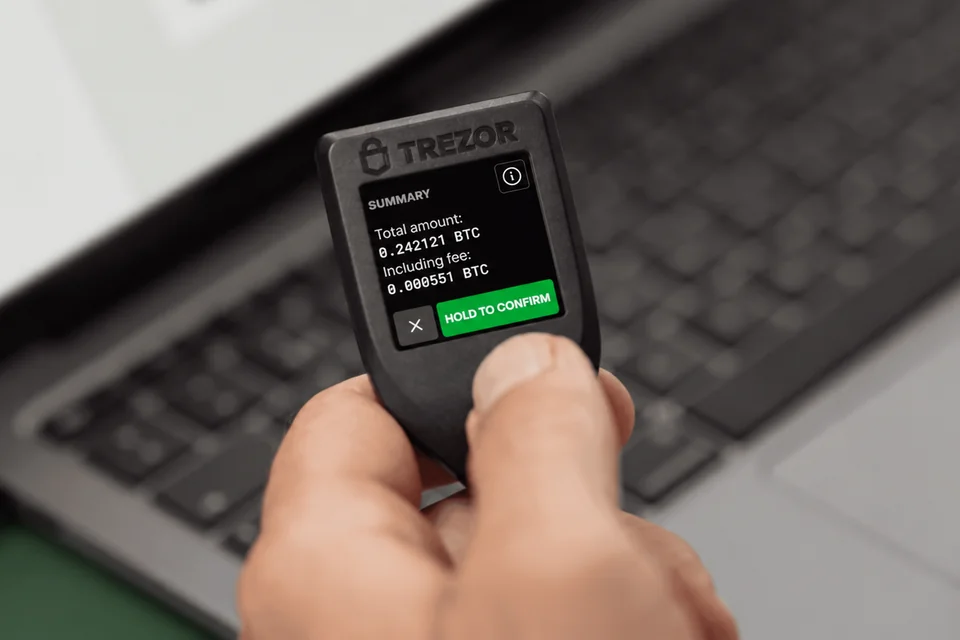 A person holding a Trezor Model T beside a laptop, with a transaction summary on the wallet’s screen.