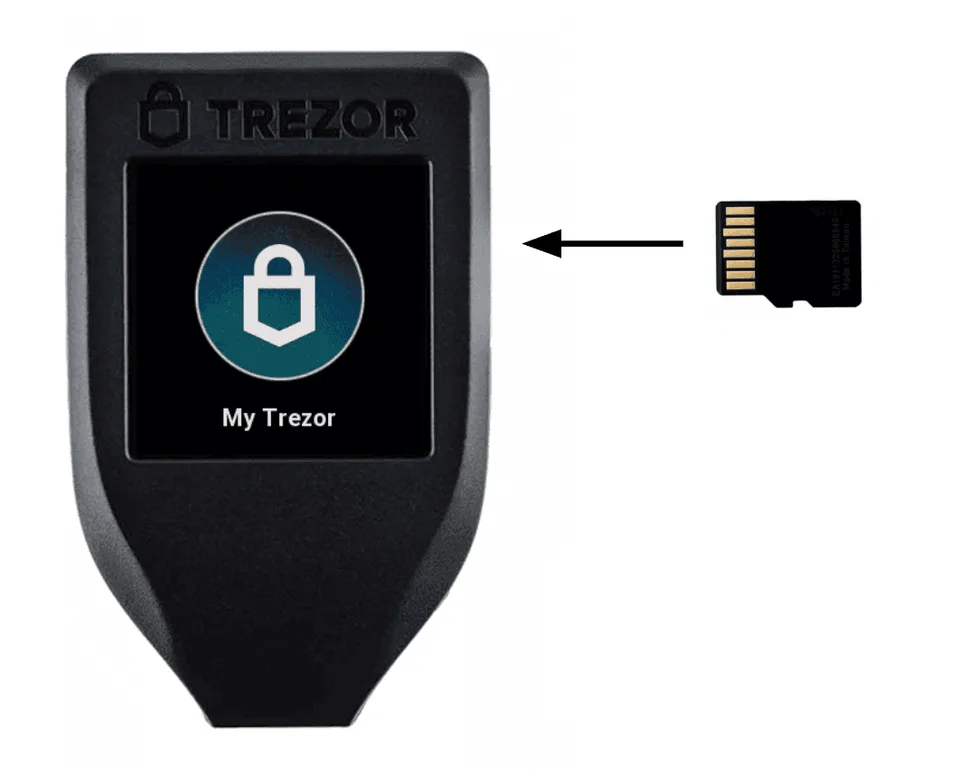 Manufacturer illustration of a Trezor Model T and a microSD card beside its card slot.