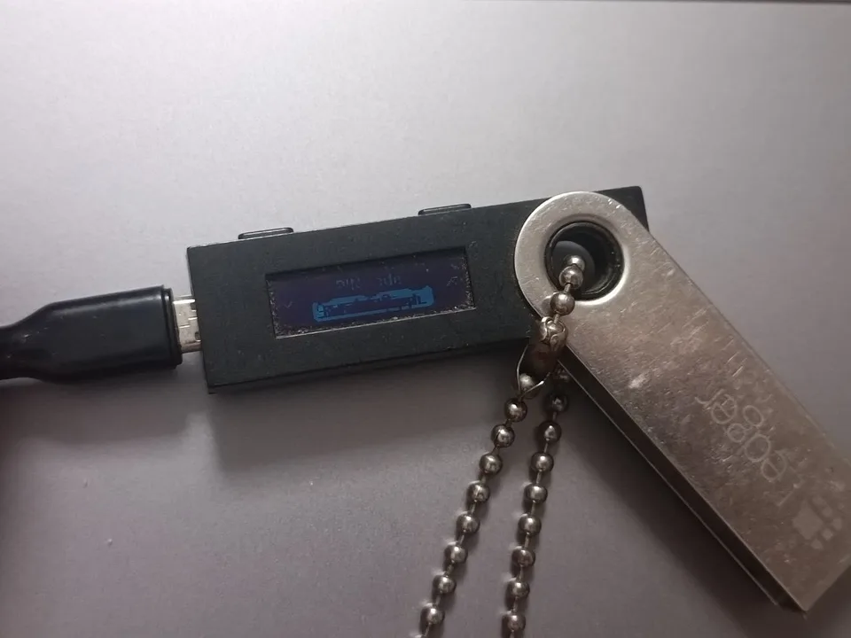 Original Ledger Nano S connected by micro-USB, with its metal swivel open and faint blue content on the screen.