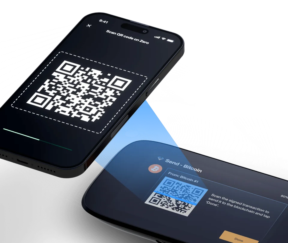 NGRAVE’s illustration shows LIQUID on a phone scanning a QR on ZERO’s Send – Bitcoin screen, which asks the phone to scan the signed transaction.