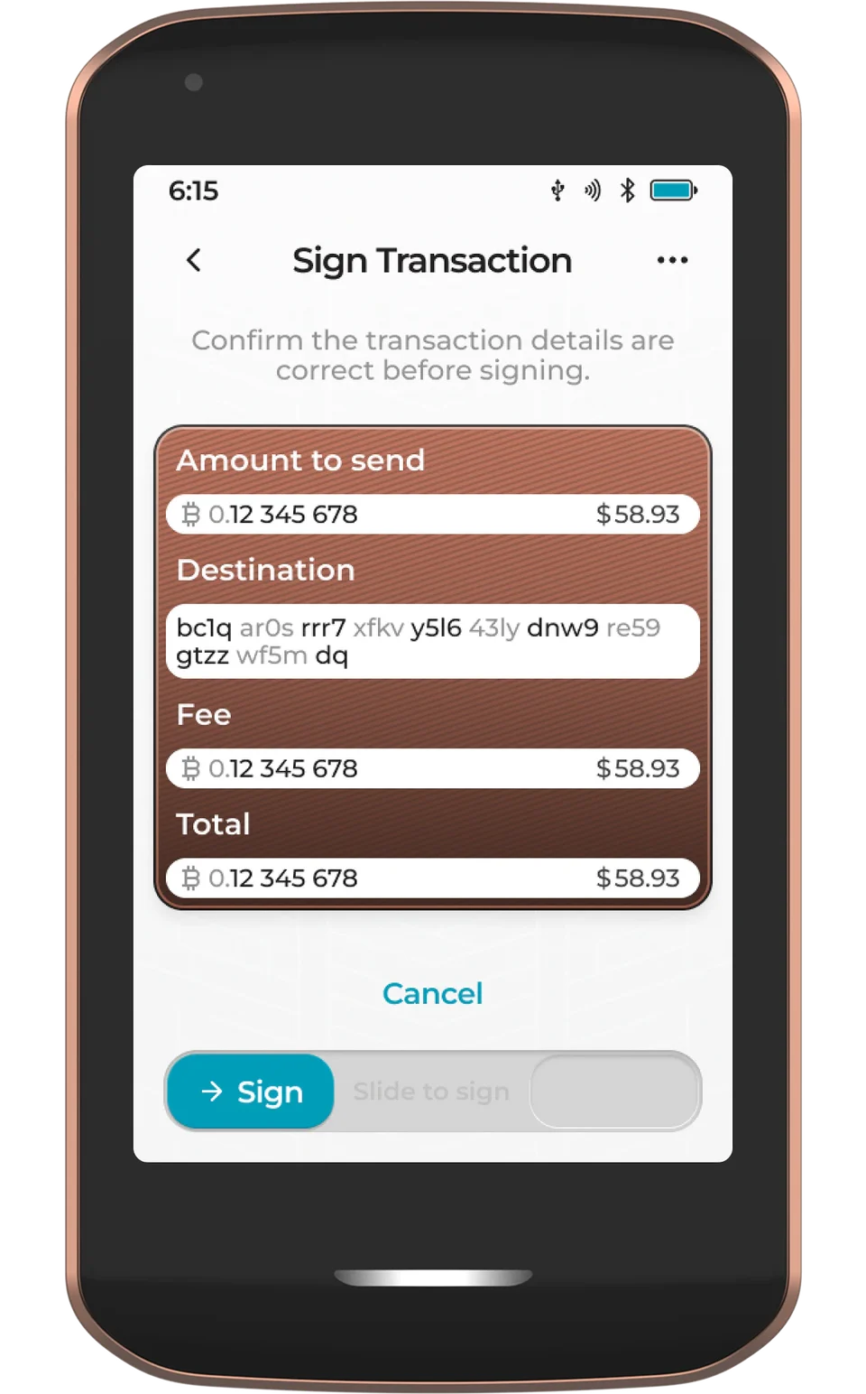 Manufacturer illustration of Passport Prime’s Sign Transaction screen, with amount, destination, fee and a Slide to sign control.