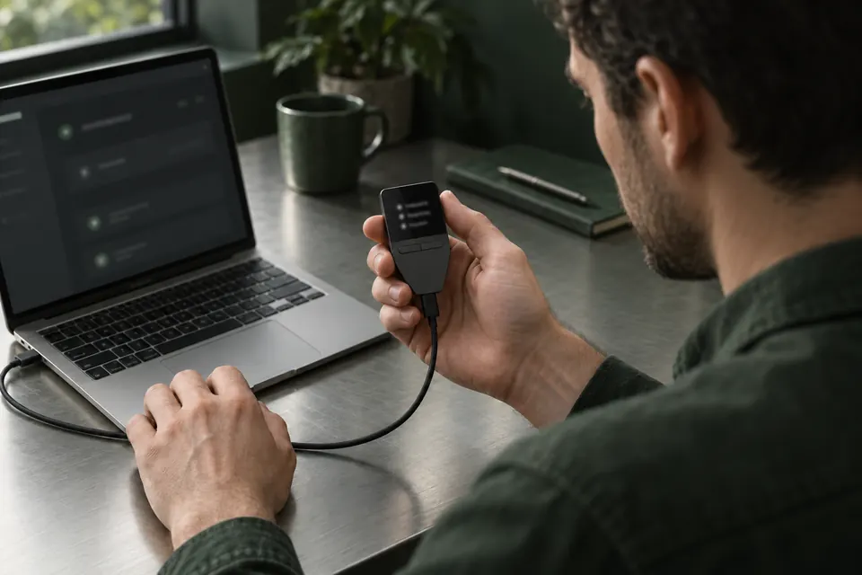 A man checks the screen of a Trezor Safe 3 connected by USB to a laptop.