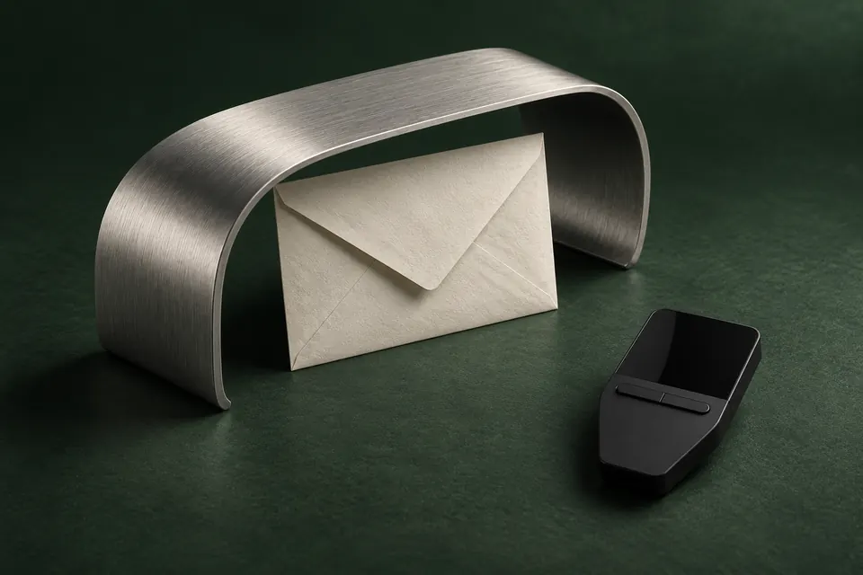 A closed envelope beneath a brushed metal arch, with a Trezor Safe 3 beside it on a dark green surface.