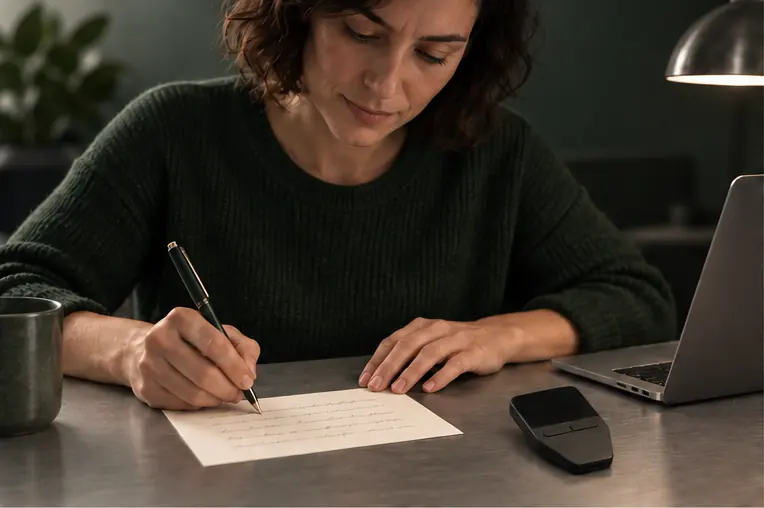 A woman writes recovery words on paper beside a Trezor Safe 3.
