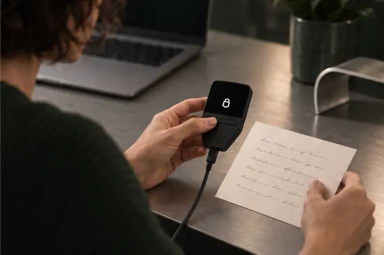 The woman enters her written recovery words on a replacement Trezor Safe 3.