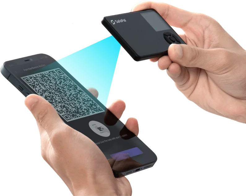 Hands holding a SafePal S1 and a phone displaying the hardware-wallet pairing screen.
