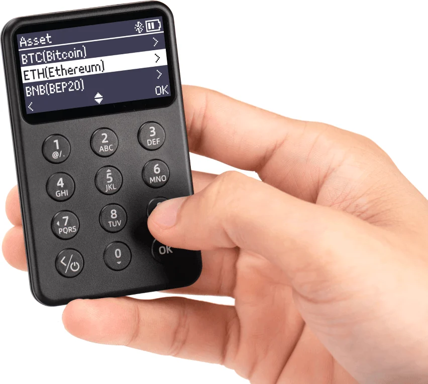 A hand holding SafePal X1, with its physical keypad and an asset list showing Bitcoin, Ethereum and BNB on the screen.