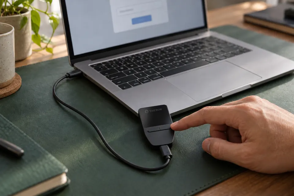 Illustration of a Trezor Safe 3 on a dark green desk mat, connected by a USB-C cable to a laptop, with a fingertip on its right button while the laptop shows a blurred sign-in prompt.