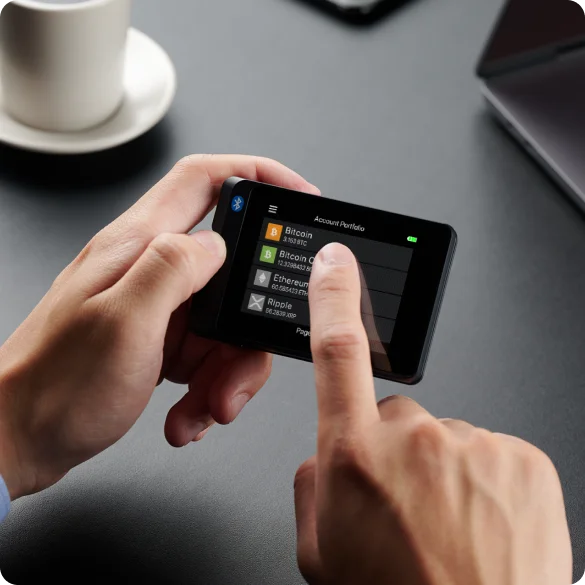 Hands holding a rectangular SecuX W20 beside a laptop, with a finger touching the account list on its screen.