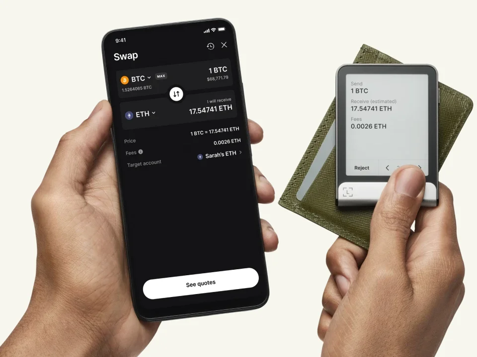 Hands holding a phone and Ledger Flex, with swap amounts and a fee displayed on the wallet.