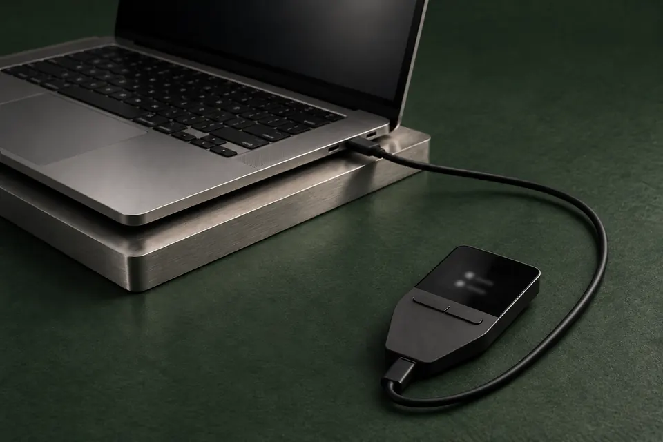 A Trezor Safe 3 connected by USB to a laptop on a dark green surface.