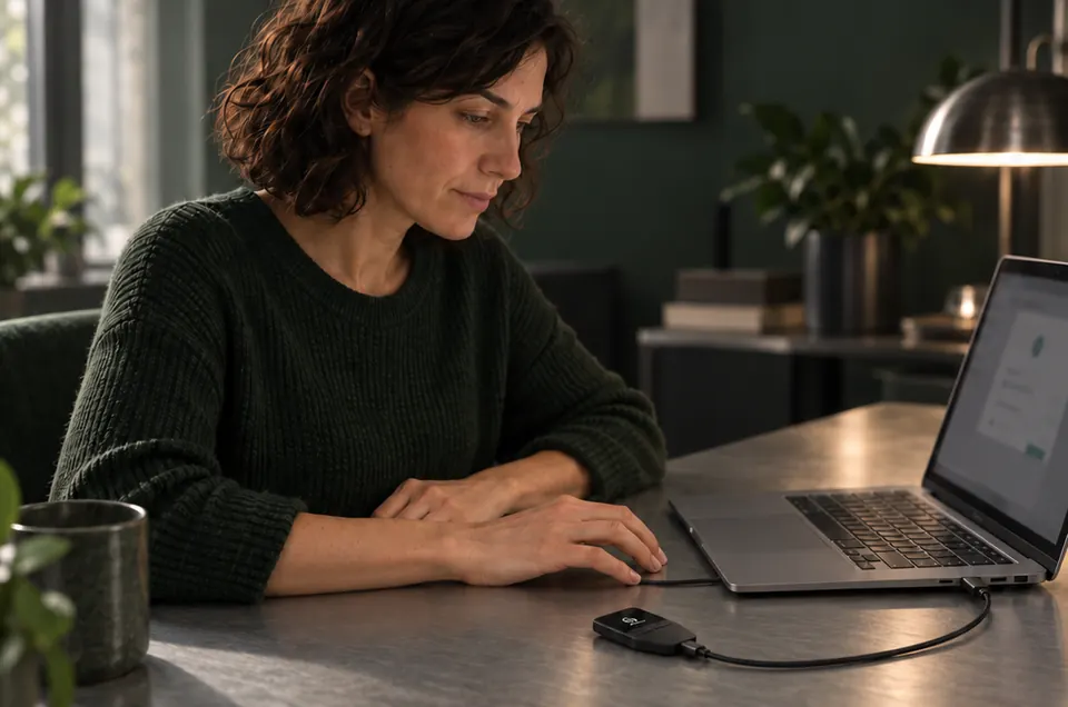 A woman uses a wallet app on her laptop with a Trezor Safe 3 connected by USB.