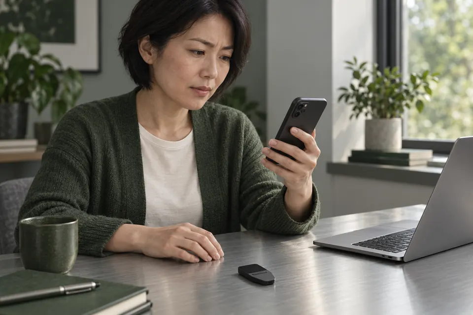 A woman looks at her phone while a Trezor Safe 3 with a dark screen rests on the desk beside a laptop.
