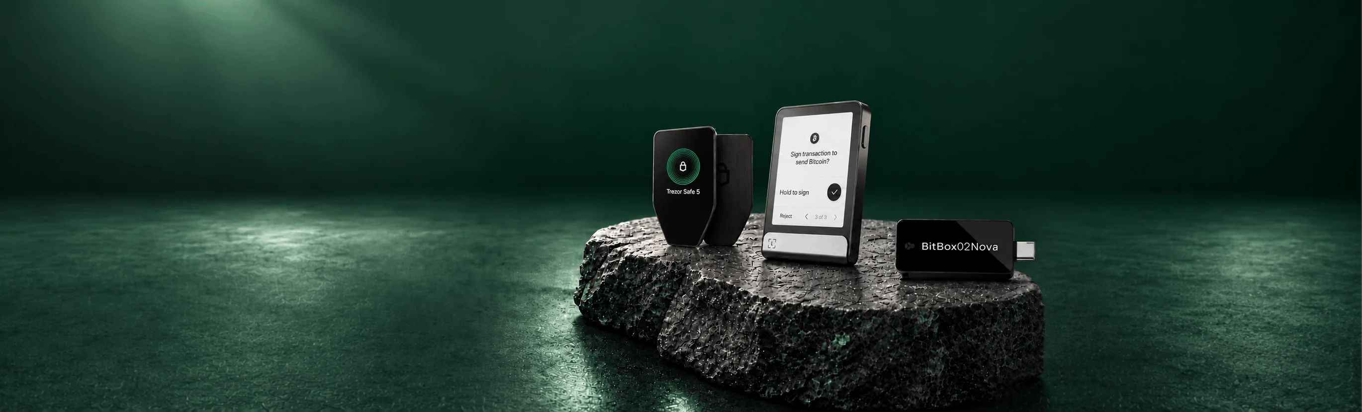 Illustrative scene with Trezor Safe 5, Ledger Flex and BitBox02 Nova.